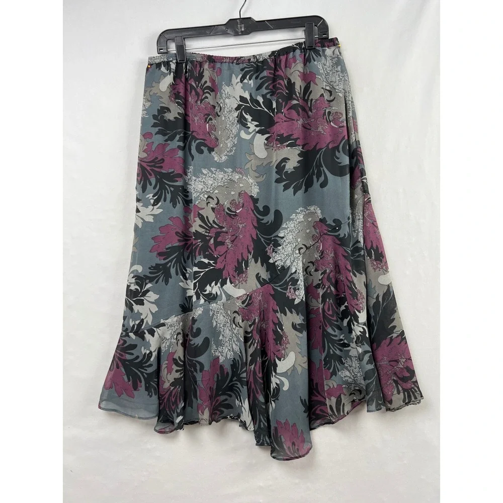 Krazy Kat Midi Skirt Womens Medium Gray Floral Flowy boho Tiered Chiffon